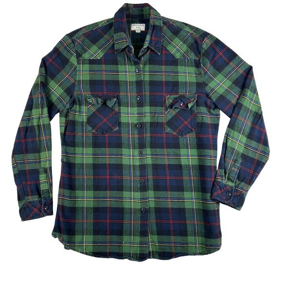 Matchstick Tops - Matchstick Shirt Womens Large Green Navy Plaid Flannel Button Front Long Sleeve